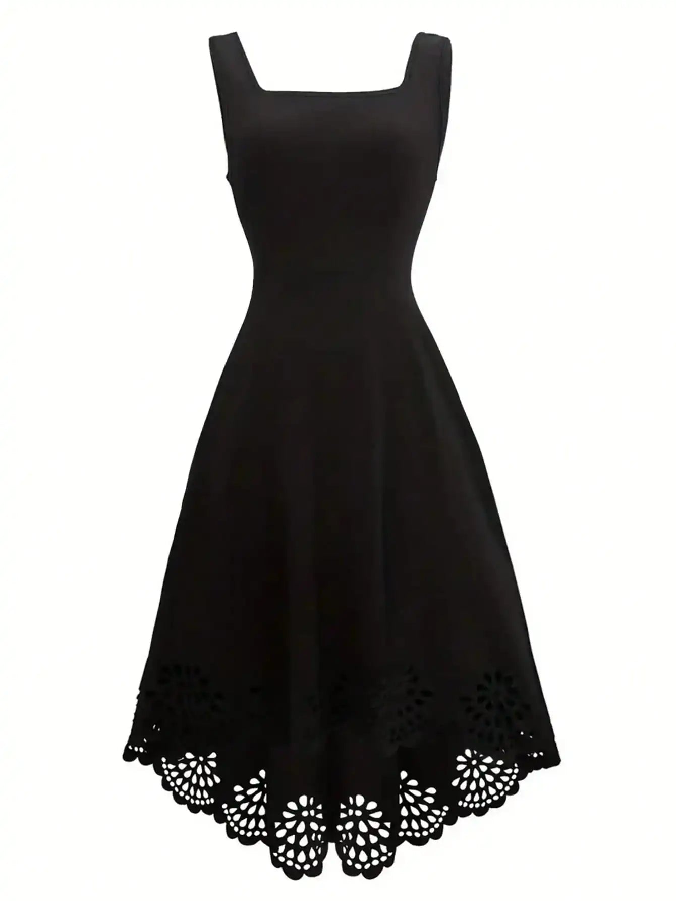 Elegant Black Square Neck Midi Dress