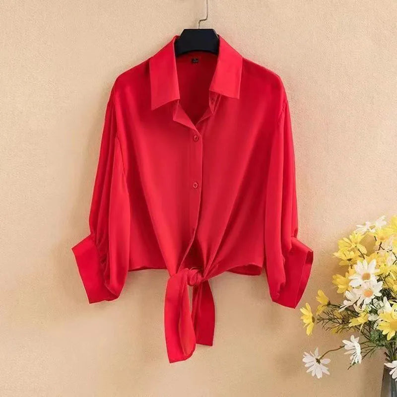 Casual Chiffon Tie-Waist Button Blouse
