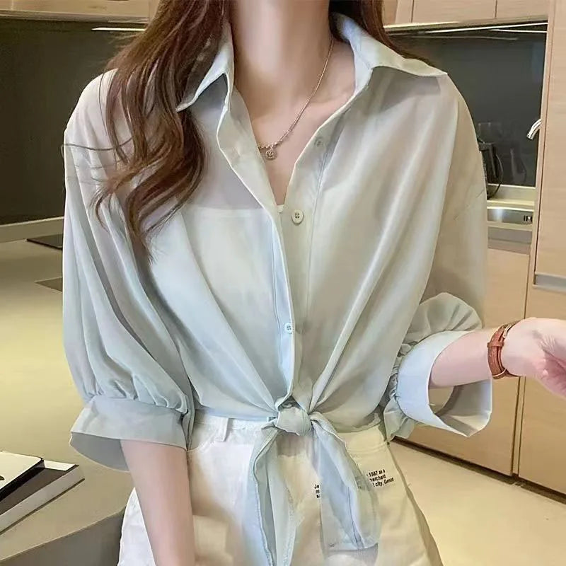 Casual Chiffon Tie-Waist Button Blouse