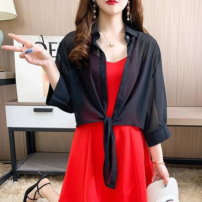 Casual Chiffon Tie-Waist Button Blouse