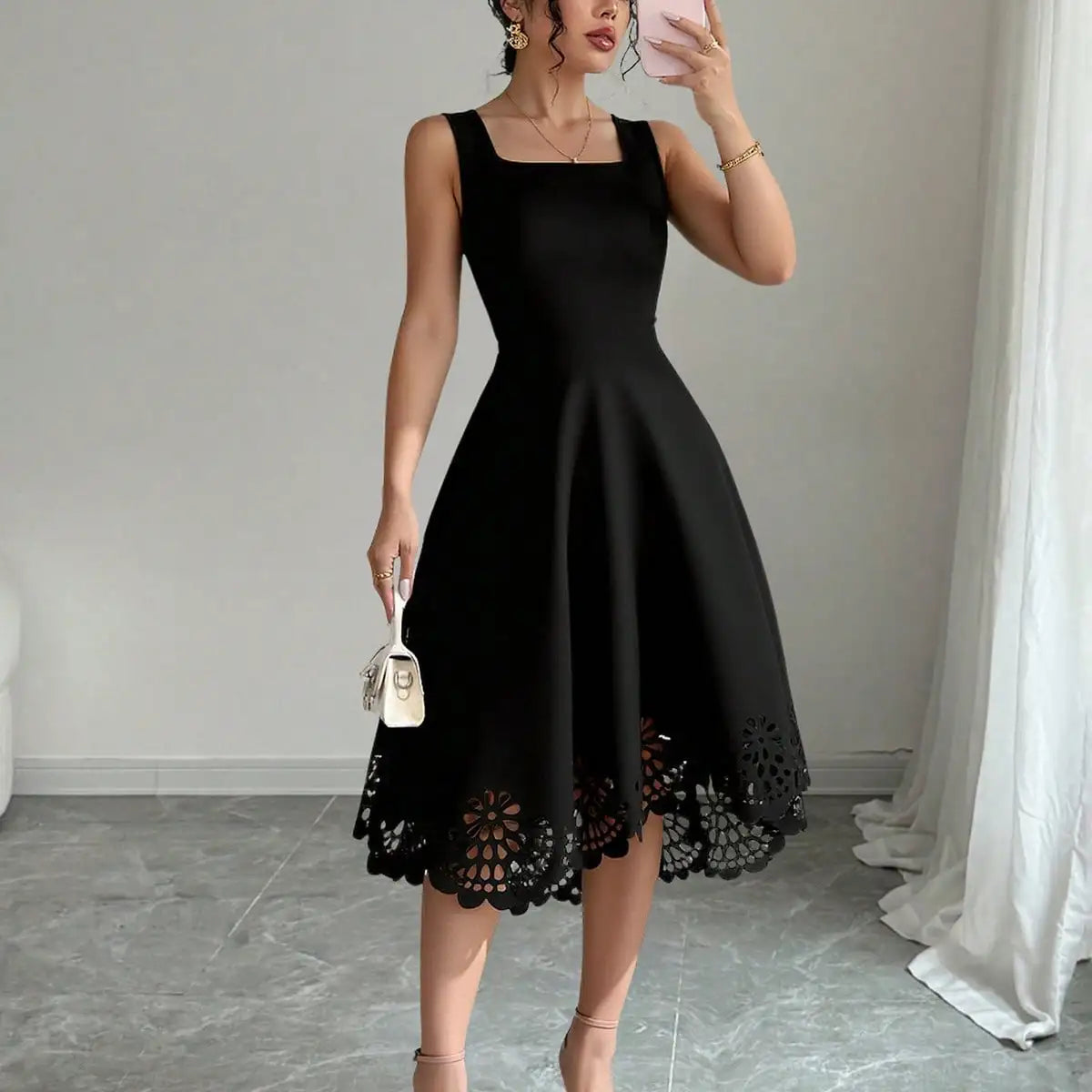Elegant Black Square Neck Midi Dress