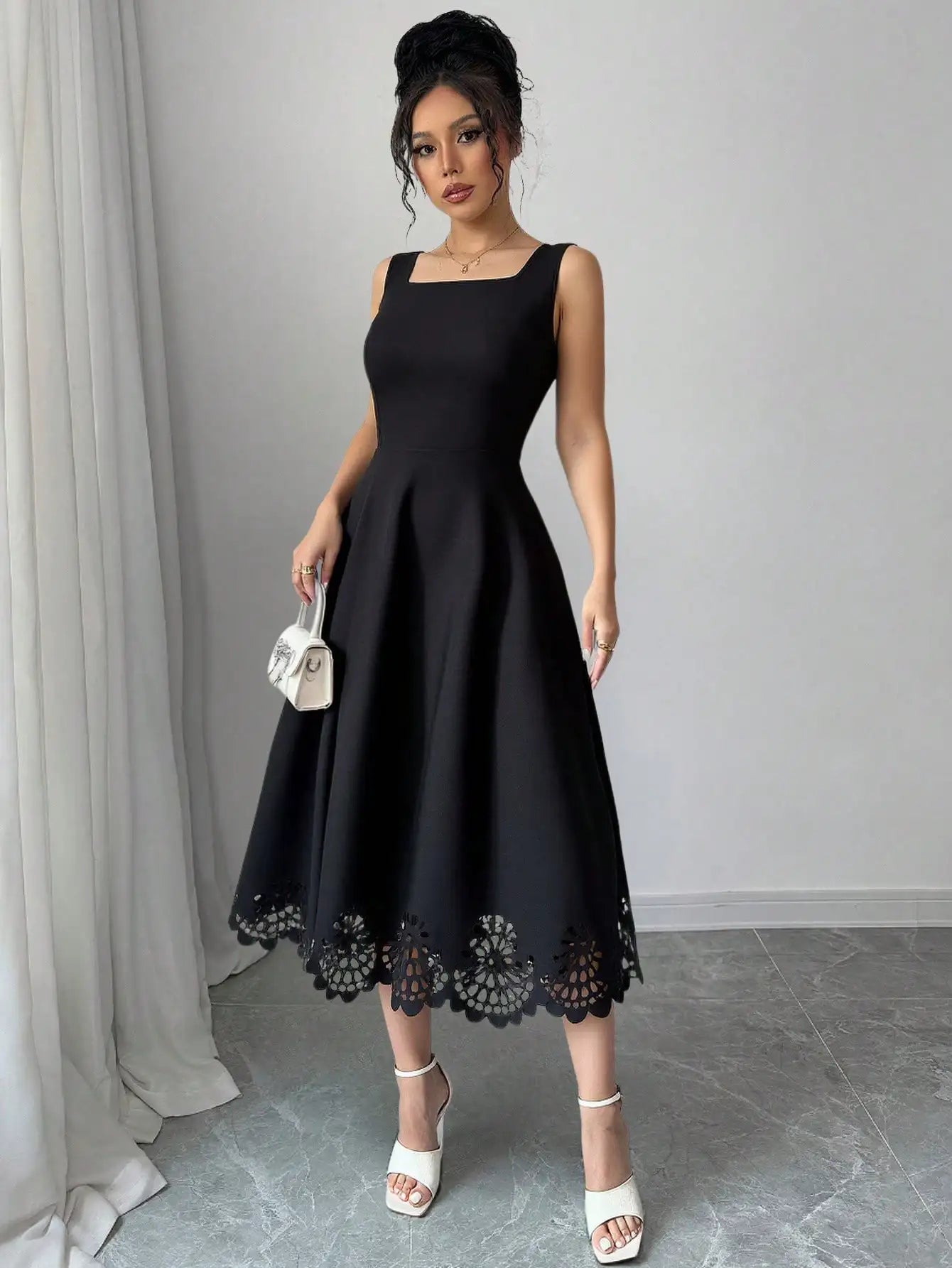 Elegant Black Square Neck Midi Dress