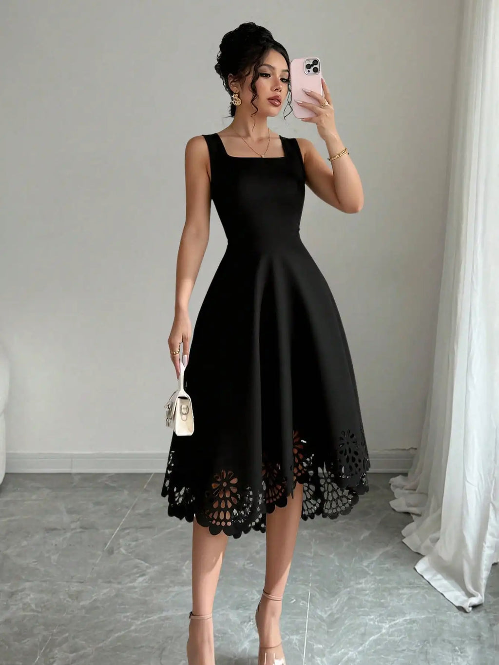 Elegant Black Square Neck Midi Dress