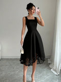 Elegant Black Square Neck Midi Dress