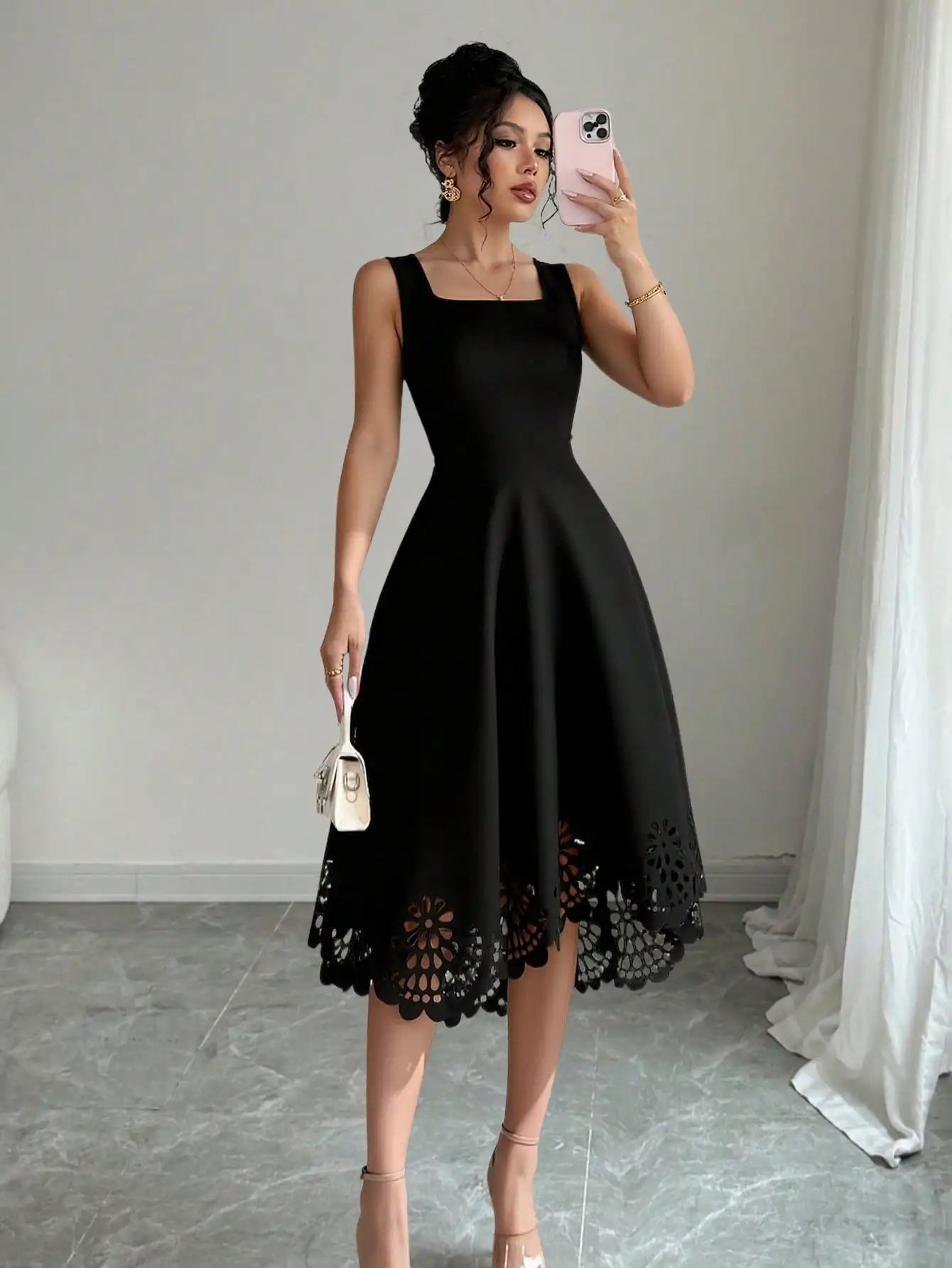 Elegant Black Square Neck Midi Dress