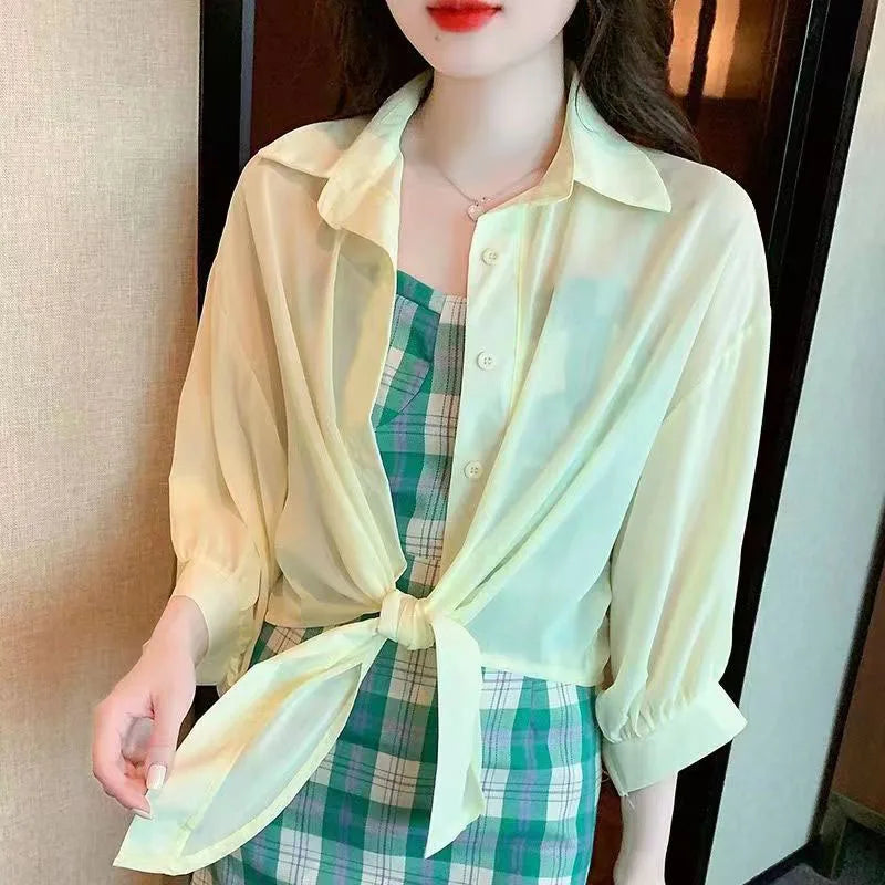 Casual Chiffon Tie-Waist Button Blouse