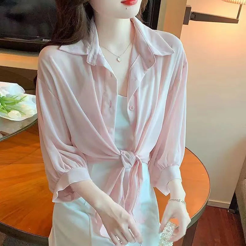 Casual Chiffon Tie-Waist Button Blouse