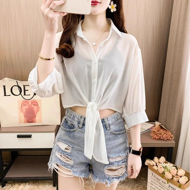 Casual Chiffon Tie-Waist Button Blouse