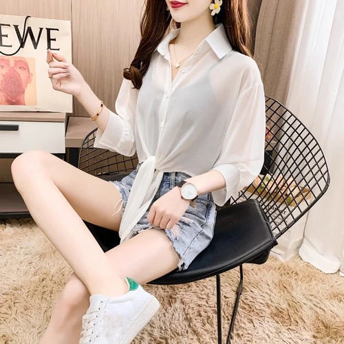 Casual Chiffon Tie-Waist Button Blouse