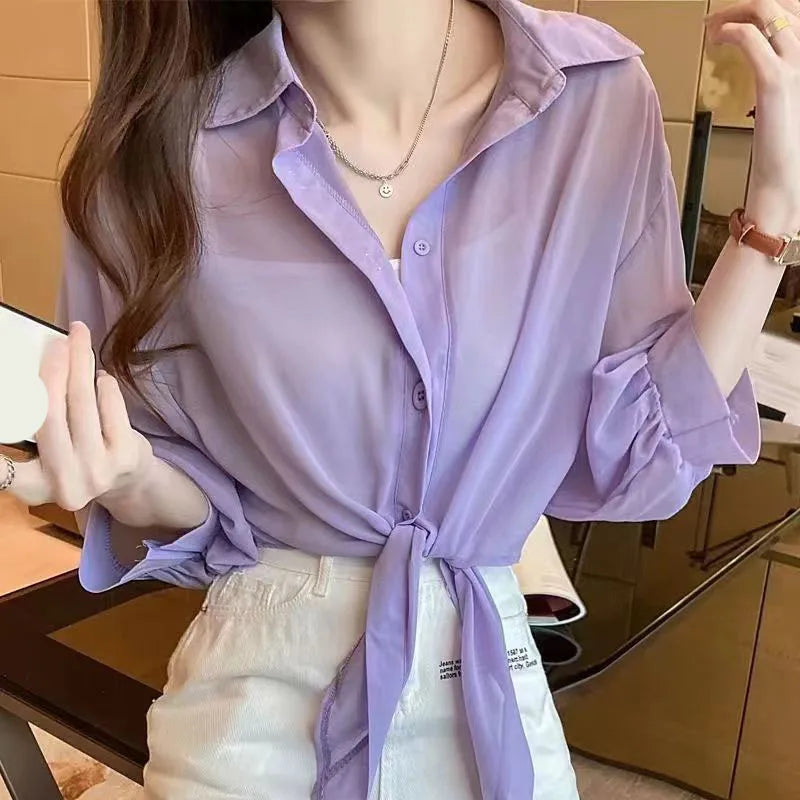 Casual Chiffon Tie-Waist Button Blouse
