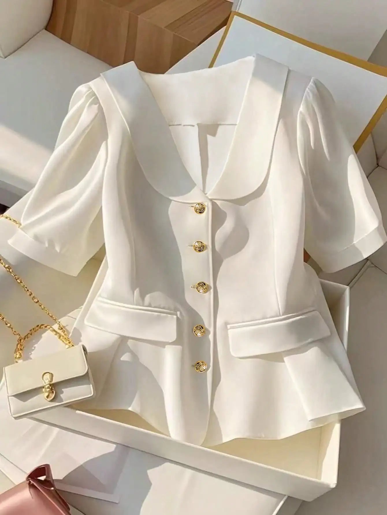 Elegant White Peter Pan Collar Puff Sleeve Blouse